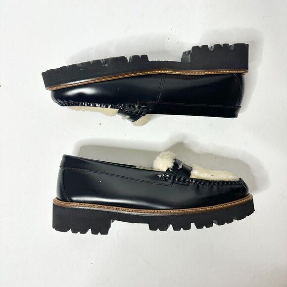 GH BASS Loafer Women 5.5 Black Leather Shearling Whitney Cozy Weejun Lug NEW - Picture 5 of 9